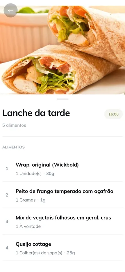 Detalhe da refeição lanche da tarde com foto do wrap e lista de alimentos com quantidades