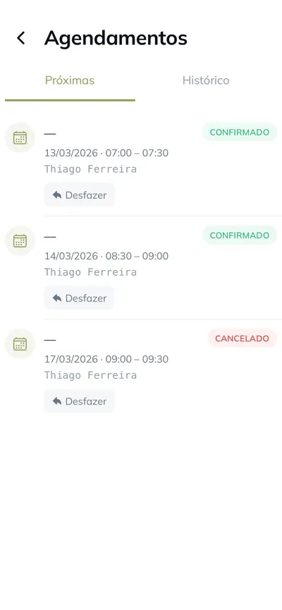 Lista de agendamentos com status confirmado e cancelado e datas das próximas consultas