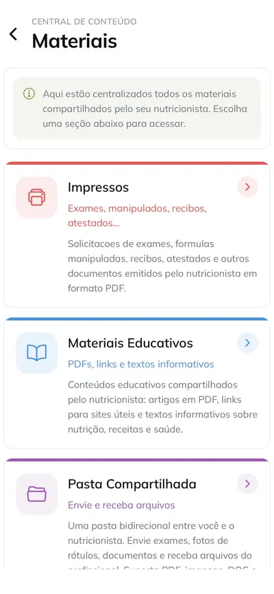 Central de conteúdo com impressos, materiais educativos e pasta compartilhada