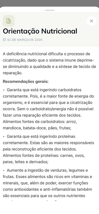 Orientação nutricional com recomendações sobre carboidratos, proteínas e vitaminas