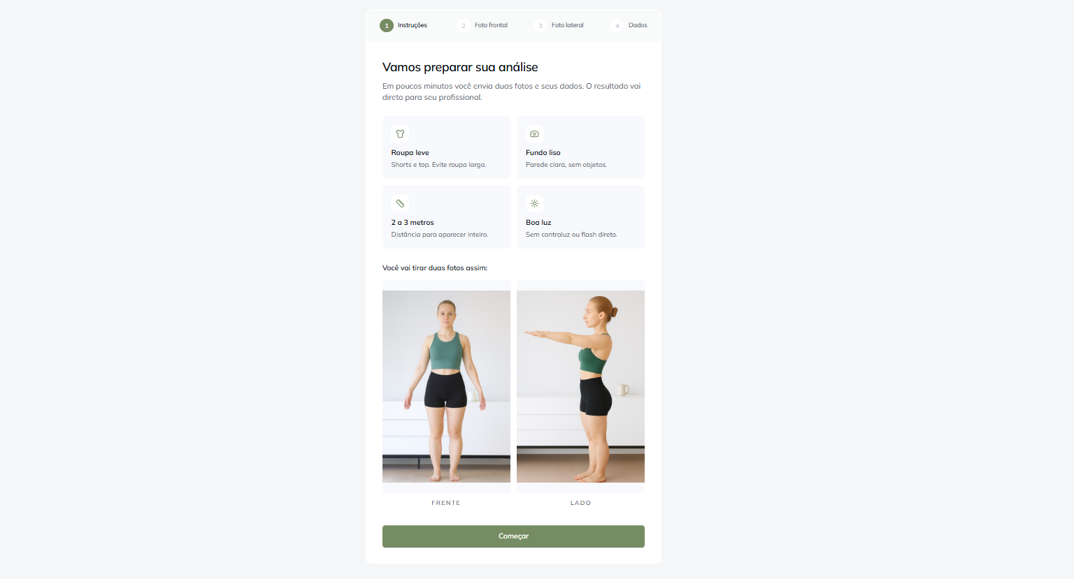 BodyScan — onboarding do paciente em 4 passos com instruções e fotos