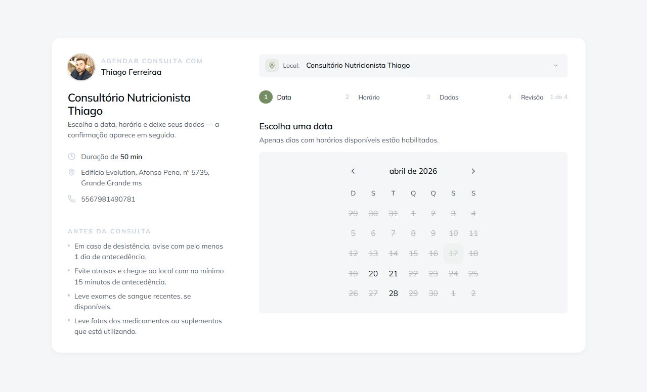 Agendamento público — o paciente escolhe data e horário sozinho