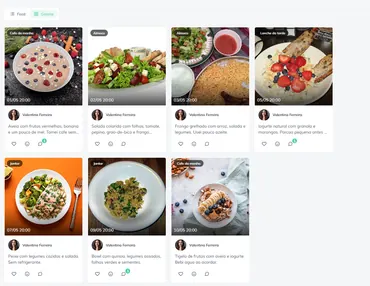 Diário alimentar em galeria com fotos das refeições, comentários e reações do paciente