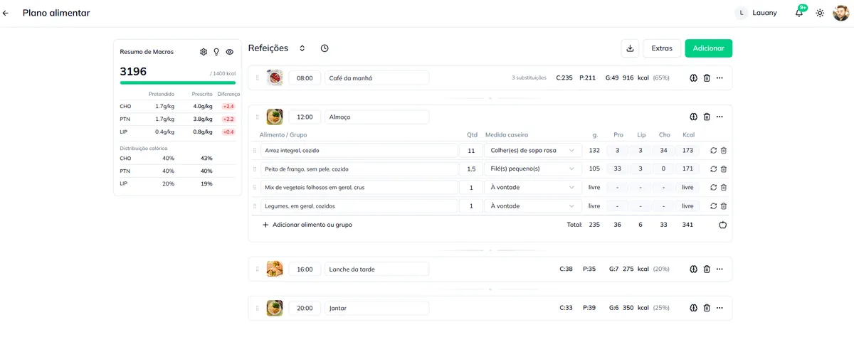 Construtor de plano alimentar do DietSystem com resumo de macros, refeições e distribuição calórica