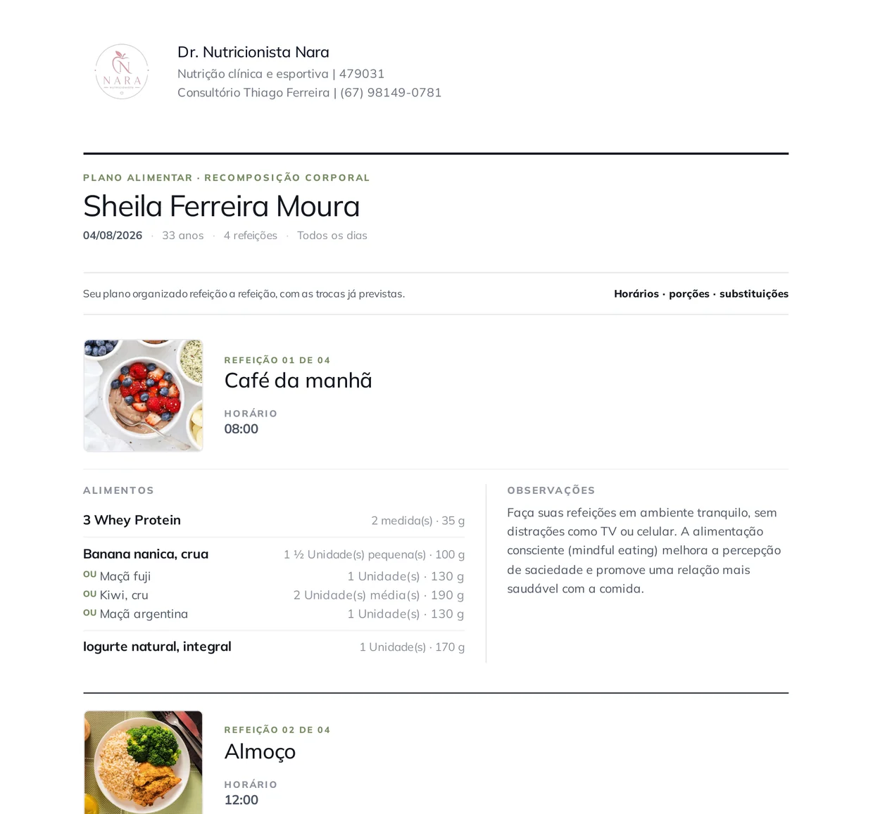 Primeira página de um plano alimentar em PDF: cabeçalho com a marca do nutricionista, nome do paciente, café da manhã com foto, horário, porções, substituições e coluna de observações