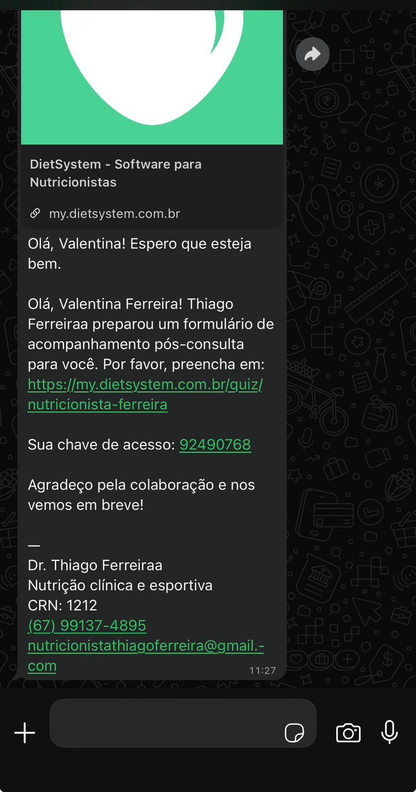WhatsApp oficial — formulário pós-consulta enviado automaticamente pelo número do nutricionista