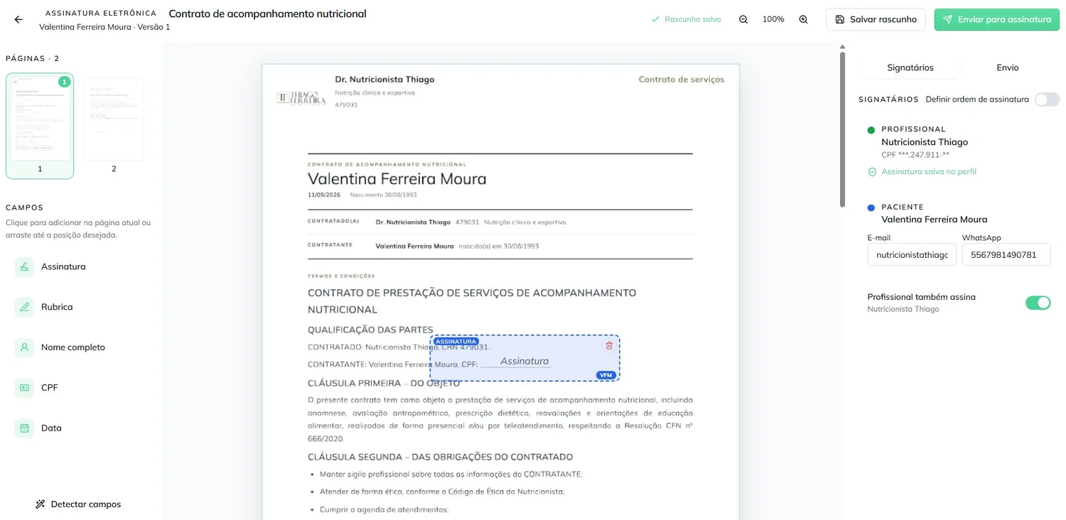 Editor de contrato de acompanhamento nutricional do DietSystem, com campos de assinatura, rubrica, CPF e data e a lista de signatários